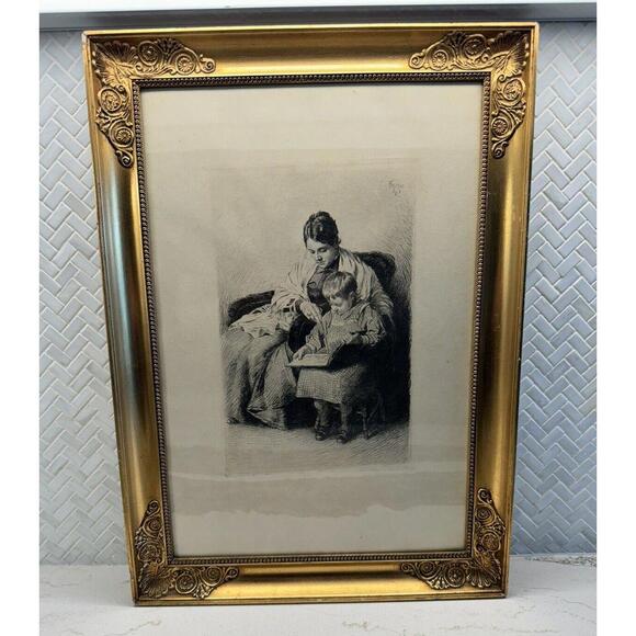 Learning to Read Frants Henningsen Danish Etching 1901 Framed FH Art Painting